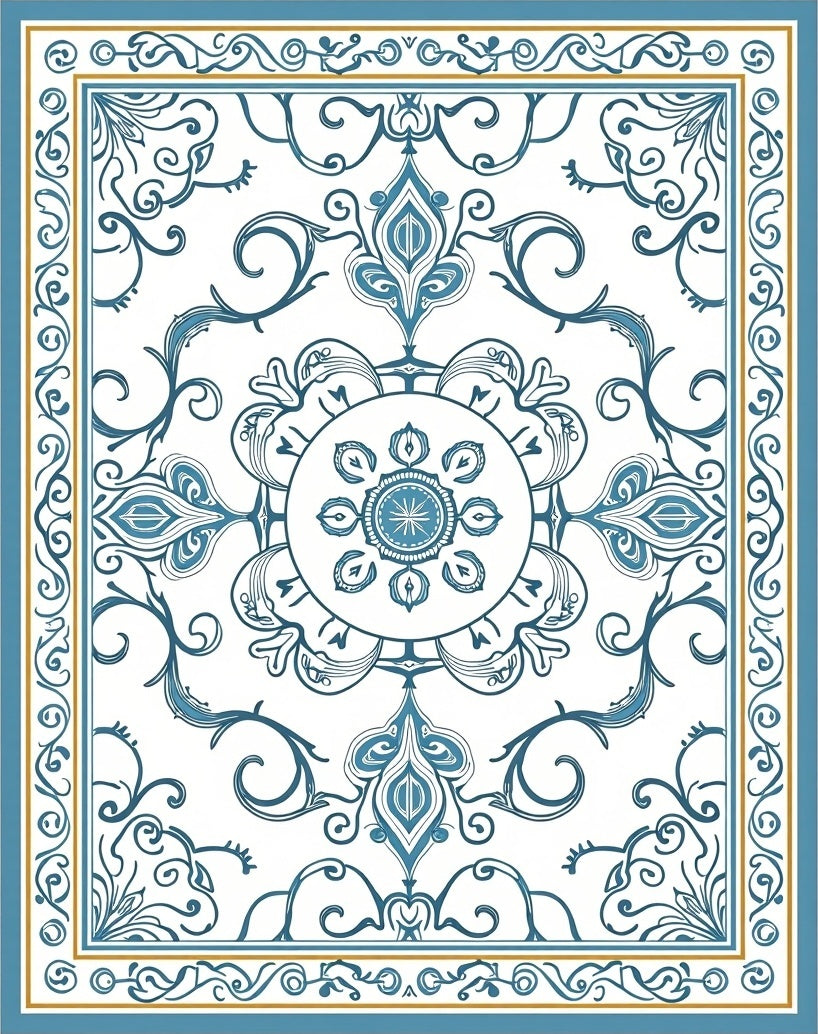 Blue Gold Medallion Floral Elegance Rug
