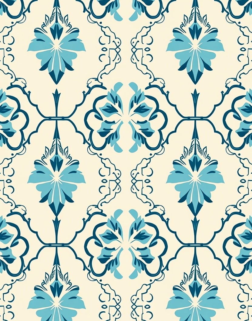 Blue Cream Floral Damask Pattern Rug