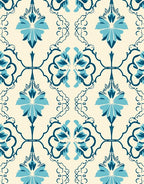 Blue Cream Floral Damask Pattern Rug