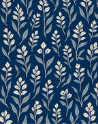 Navy Blue Botanical Leaf Pattern Rug