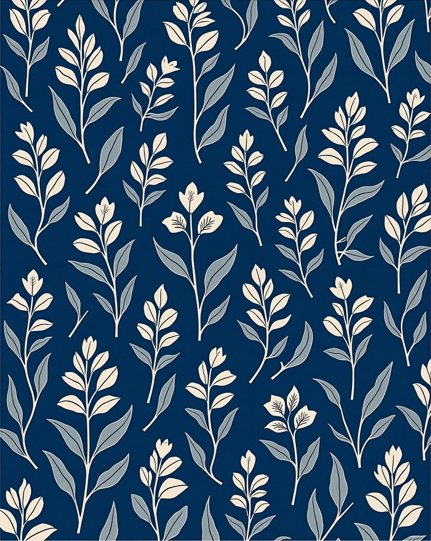 Navy Blue Botanical Leaf Pattern Rug