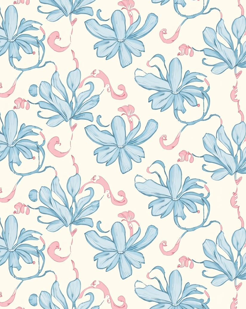 Art Nouveau Floral Drawing Blue Pink Accent Rug