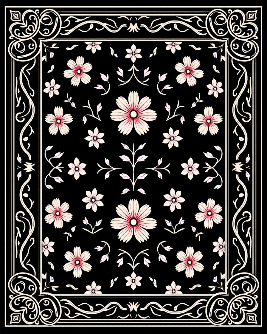 Elegant Floral Bordered Black Design Rug
