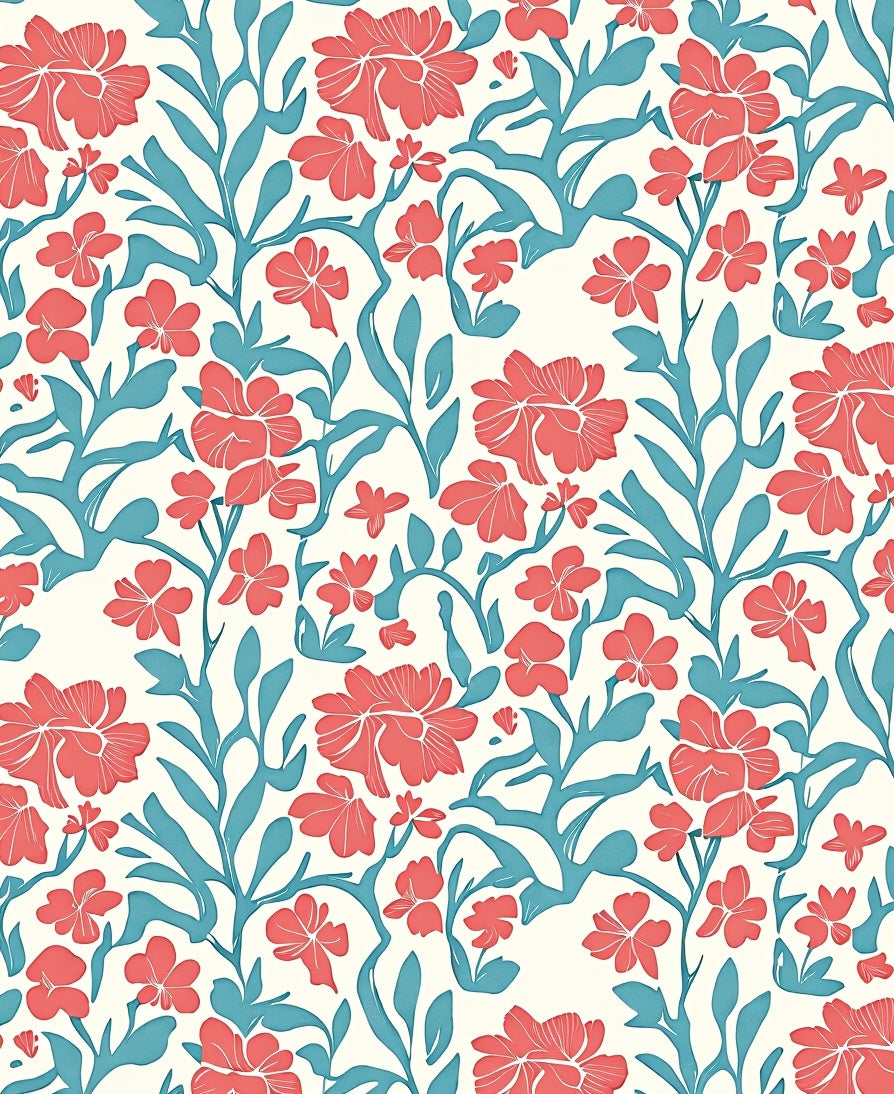 Coral And Teal Floral Vine Design Rug