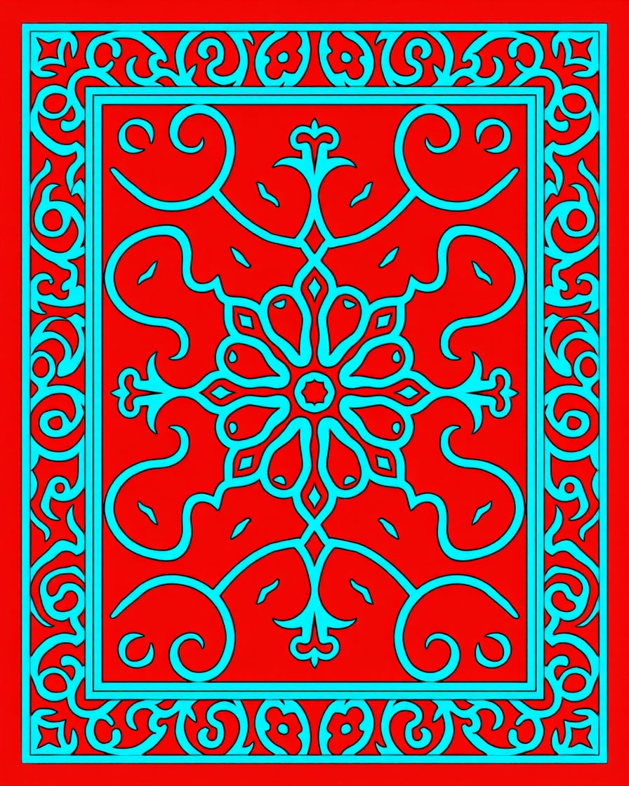 Red Cyan Floral Medallion Border Rug