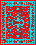 Red Cyan Floral Medallion Border Rug