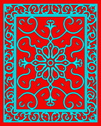 Red Cyan Floral Medallion Border Rug