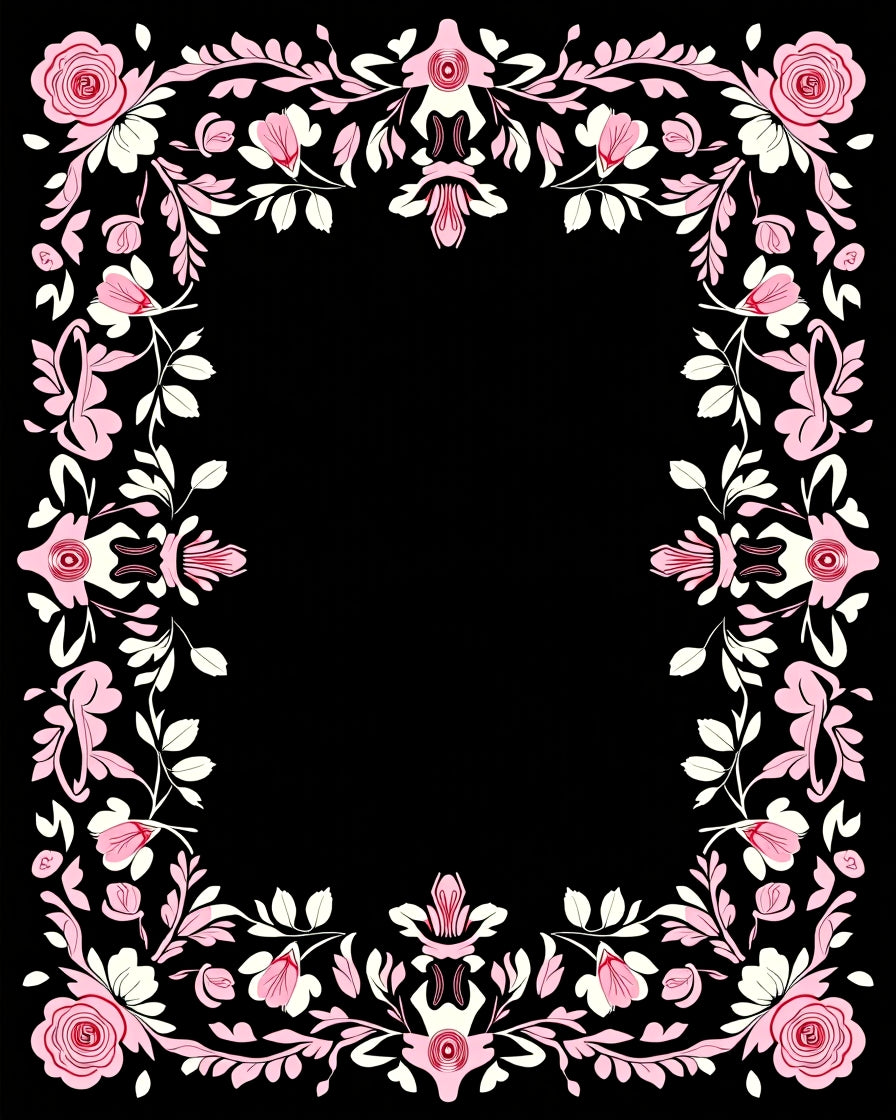 Pink Rose Floral Swirl Border Design Rug