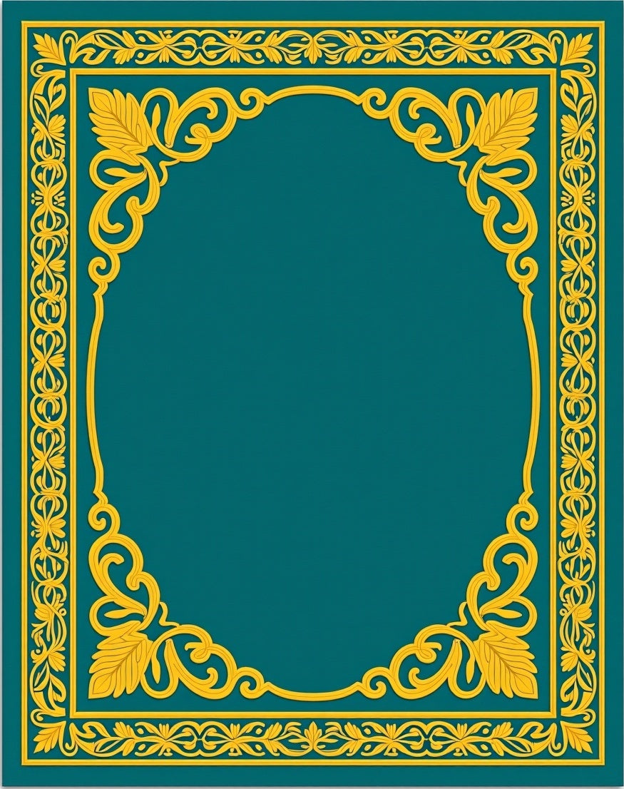 Elegant Teal Gold Floral Scroll Border Rug