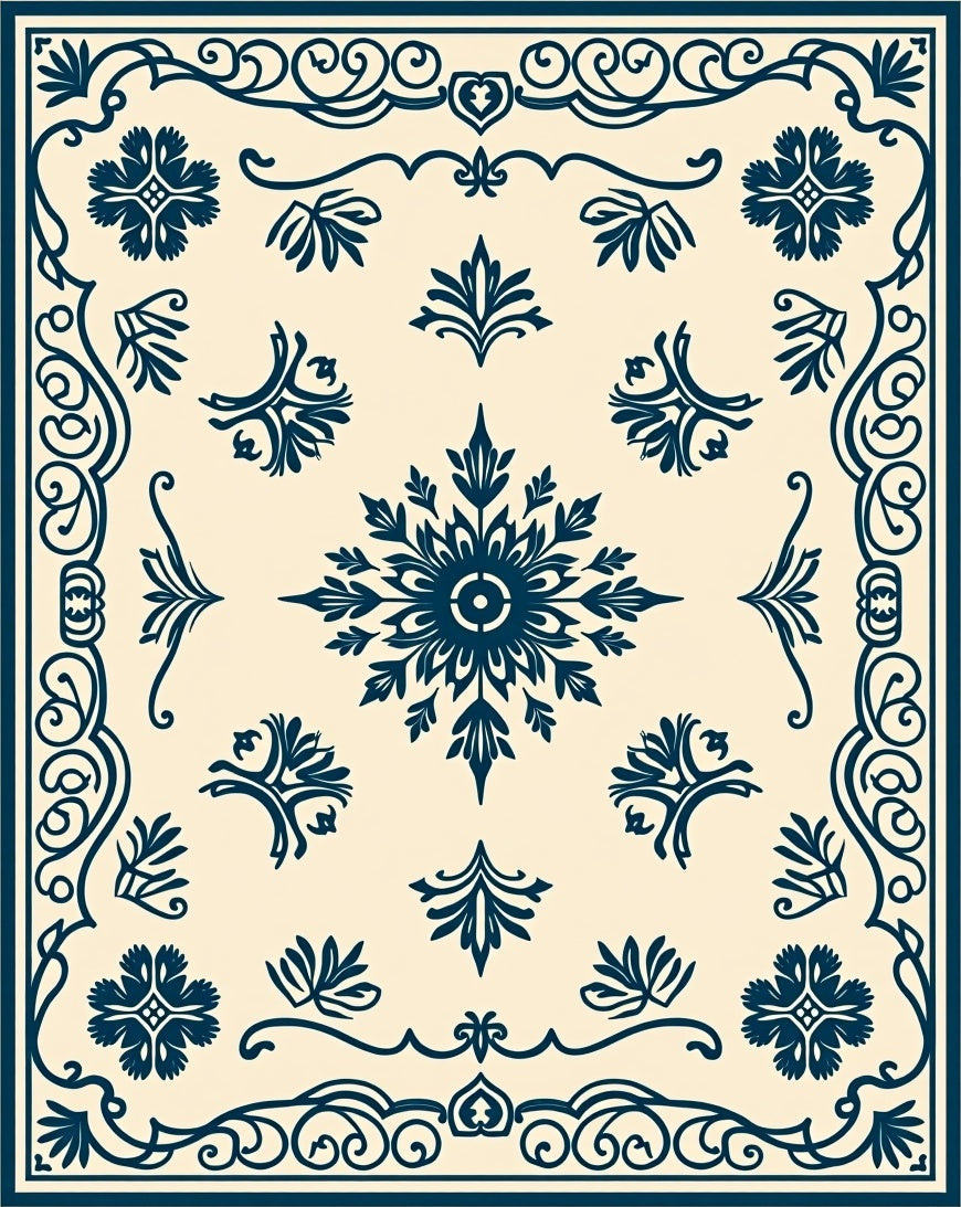 Ornate Dark Blue Floral Scroll Rug