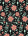 Coral Floral Patterned Black Rug