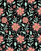 Coral Floral Patterned Black Rug