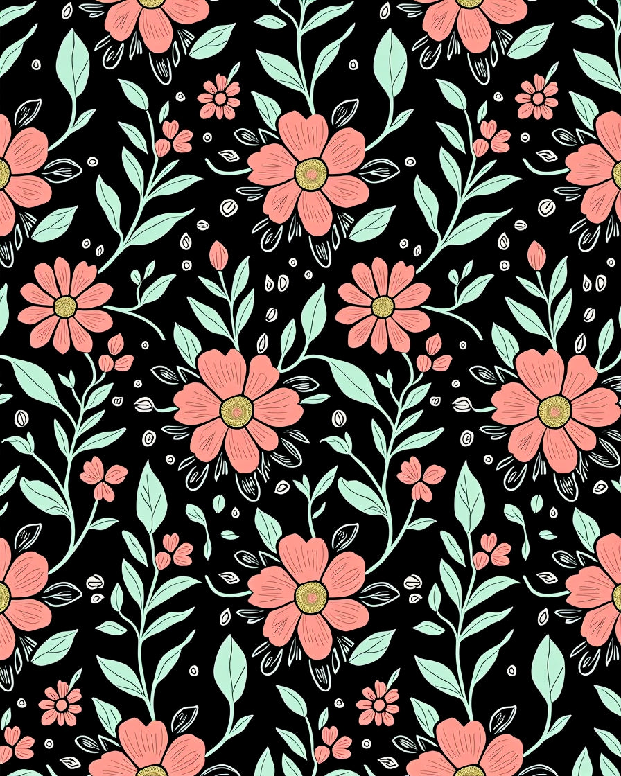 Coral Floral Patterned Black Rug