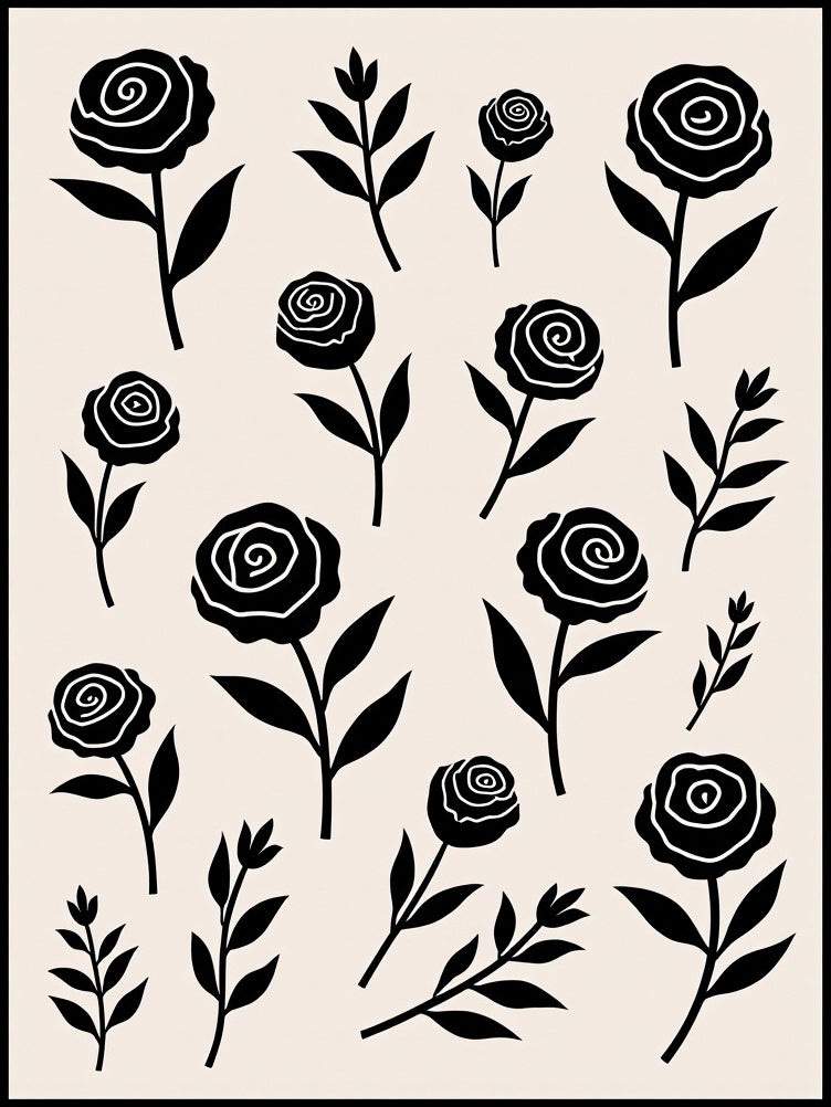 Stylized Black Rose Pattern Rug
