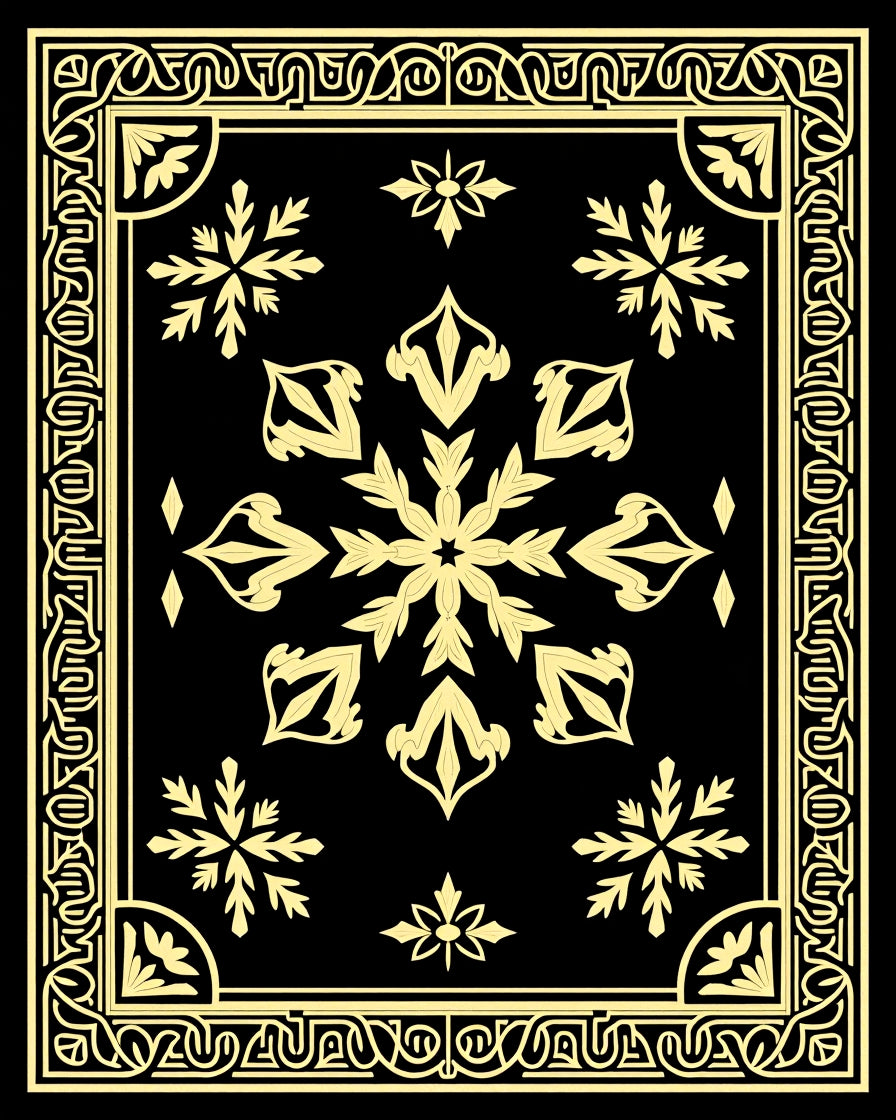 Gold Floral Medallion Black Rectangle Frame Rug