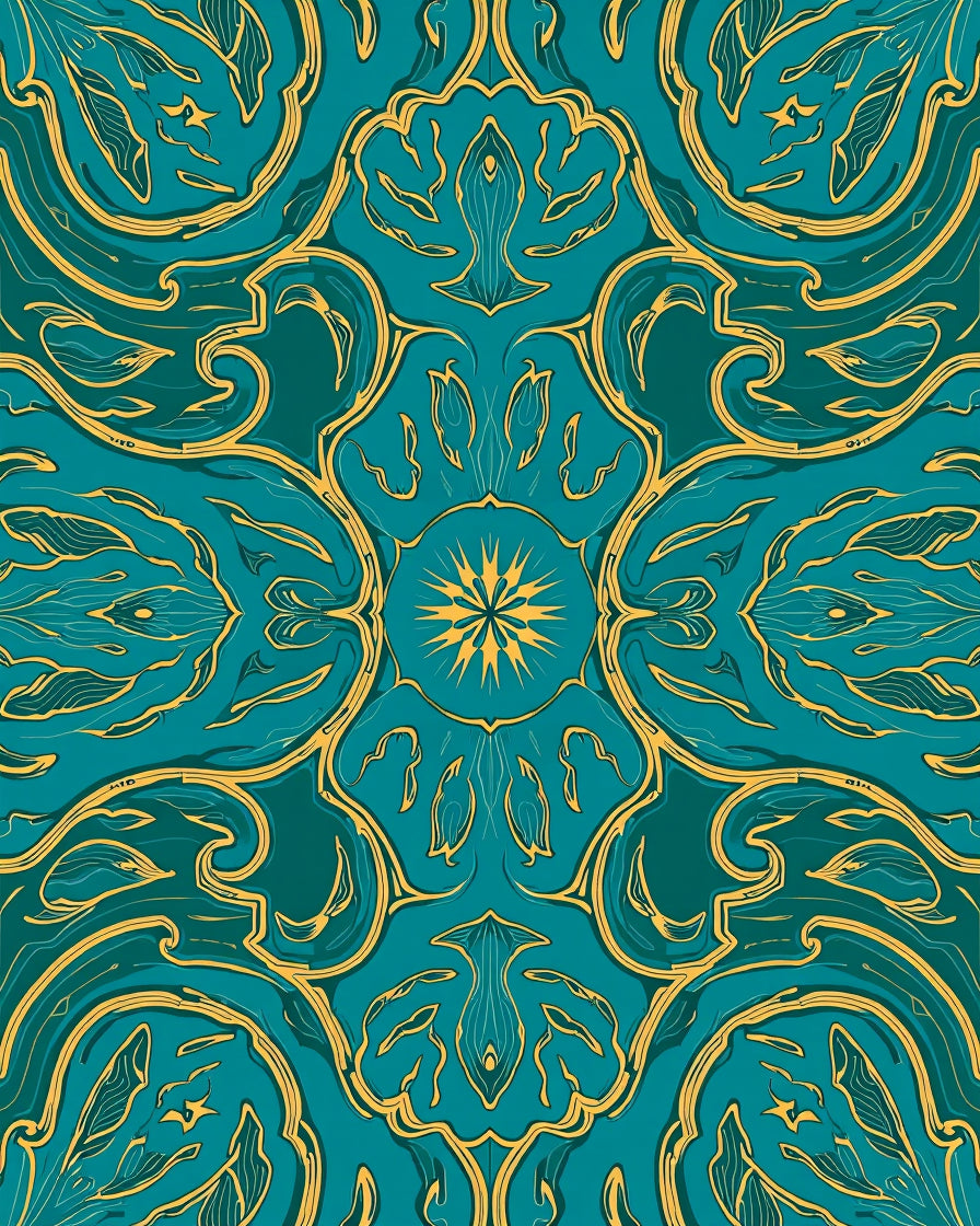 Teal Gold Ornate Art Nouveau Design Rug