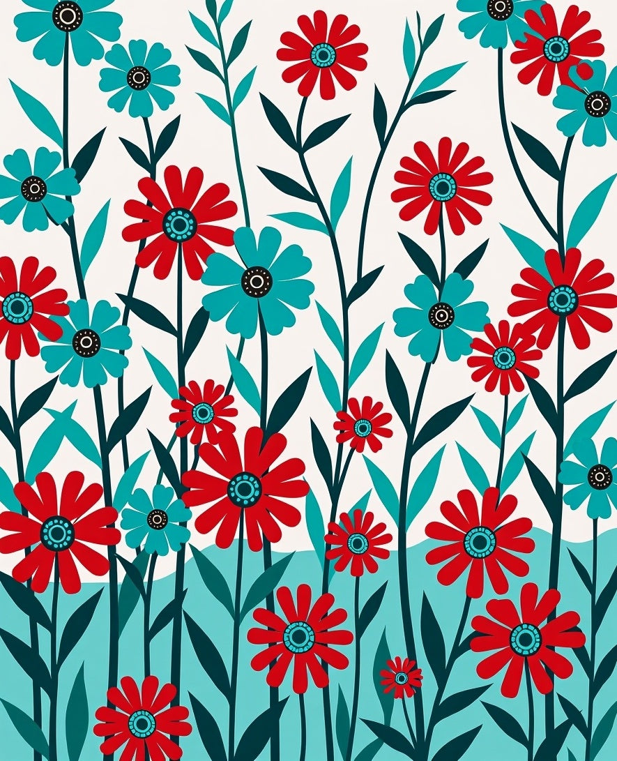 Bold Floral Pattern with Red Teal Blooms Rug