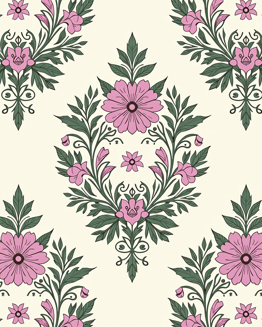 Pink Floral Vine Damask Pattern Rug