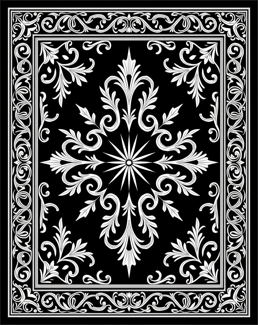 Classic Black White Floral Scroll Rug