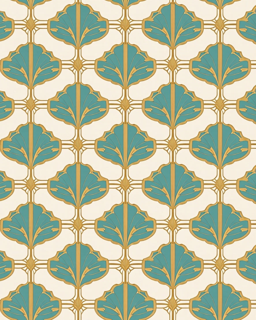 Teal Gold Art Deco Fan Pattern Rug