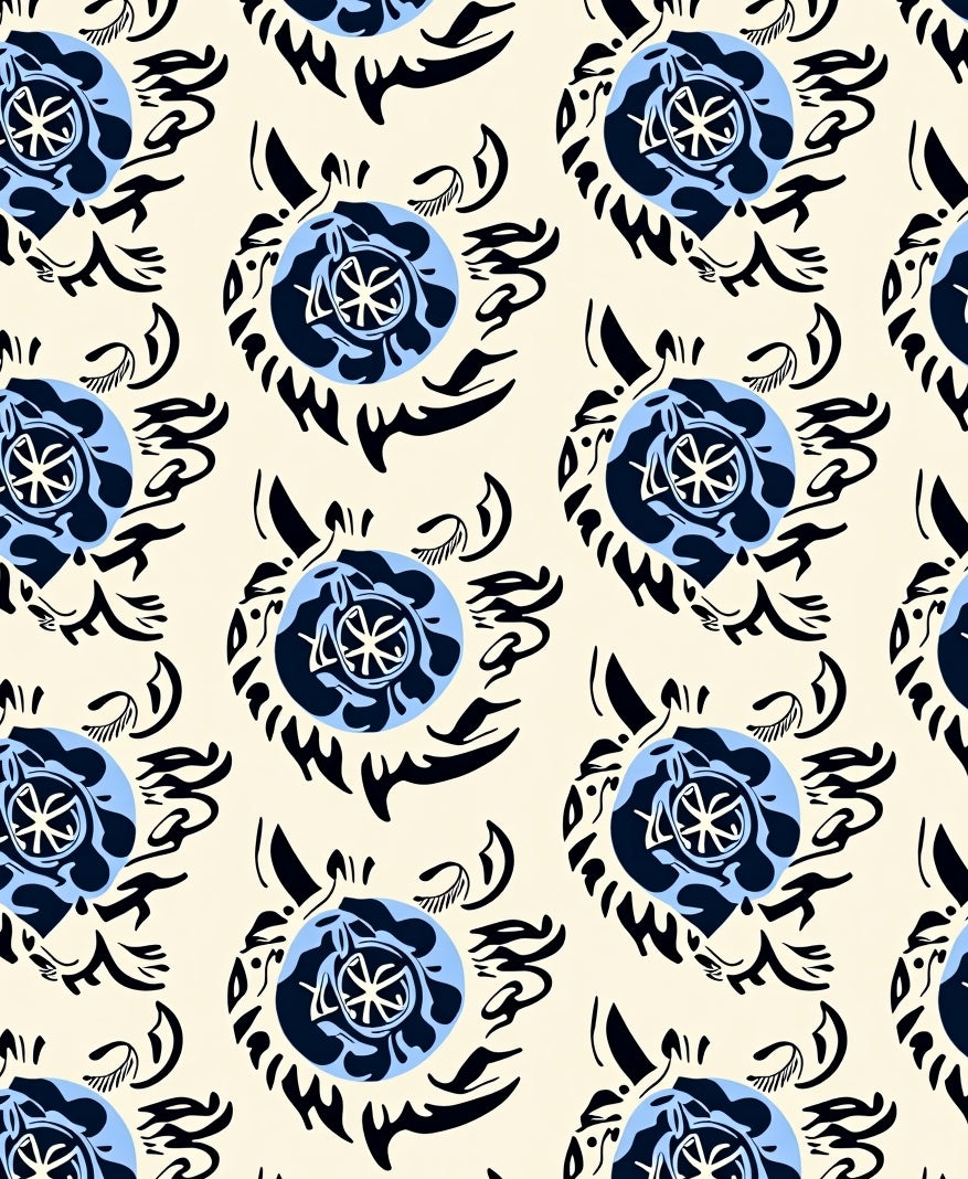 Blue Black Floral Swirl Pattern Rug