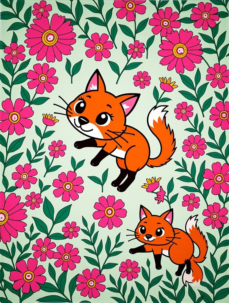 Whimsical Foxes Floral Garden Rug