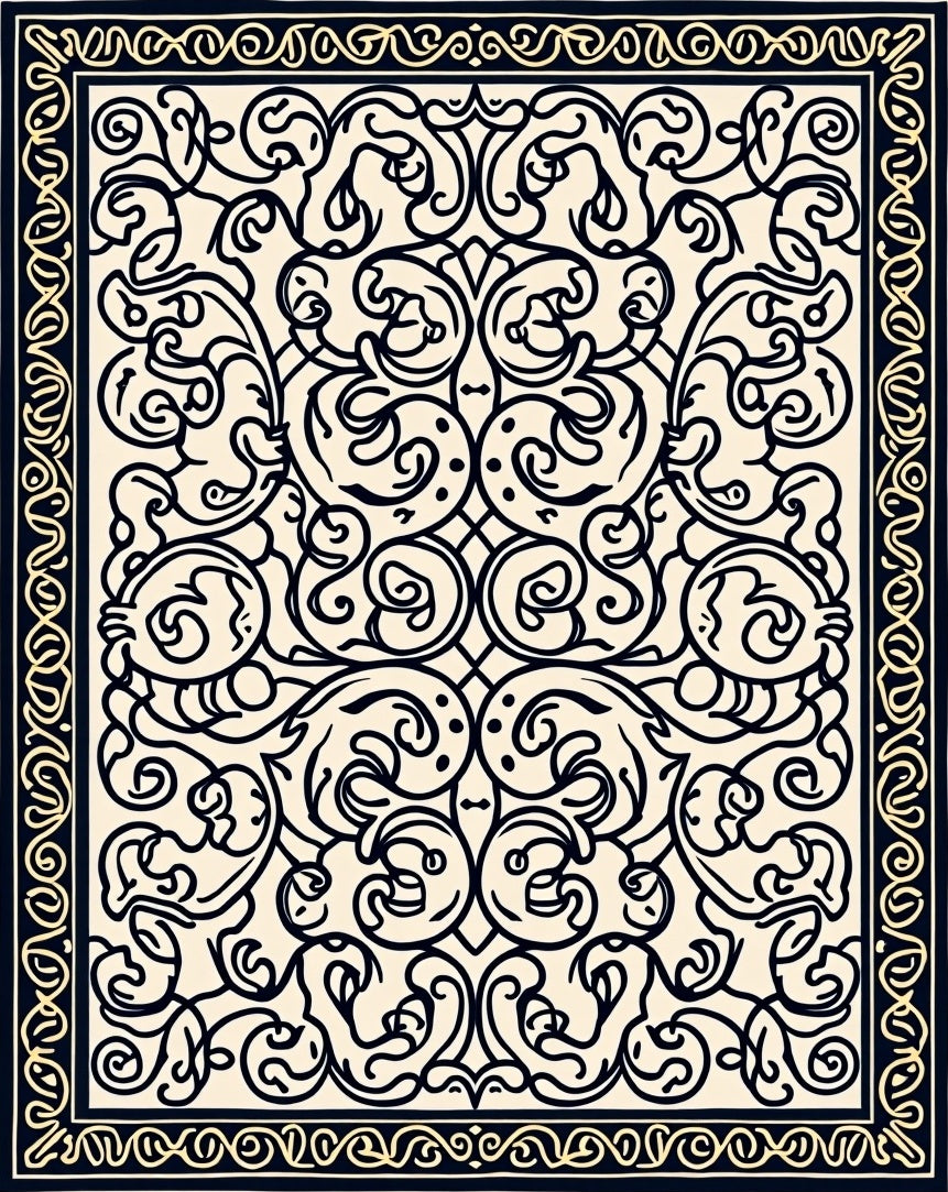 Ornate Black and Cream Scrollwork Rug