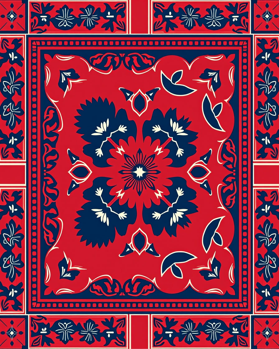 Bold Red Blue Floral Patterned Rug