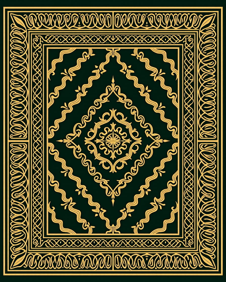 Ornate Gold Dark Green Medallion Rug