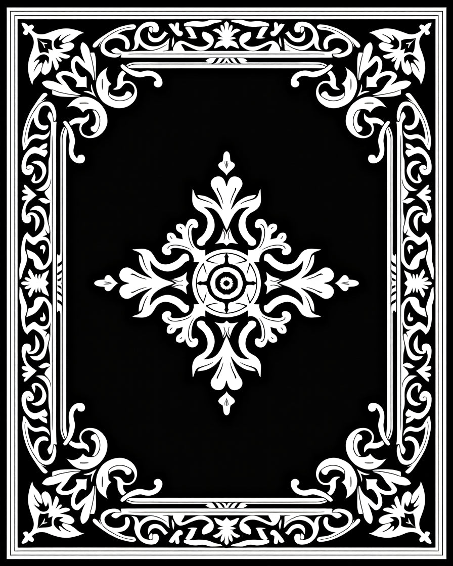 Ornate Black White Floral Design Rug