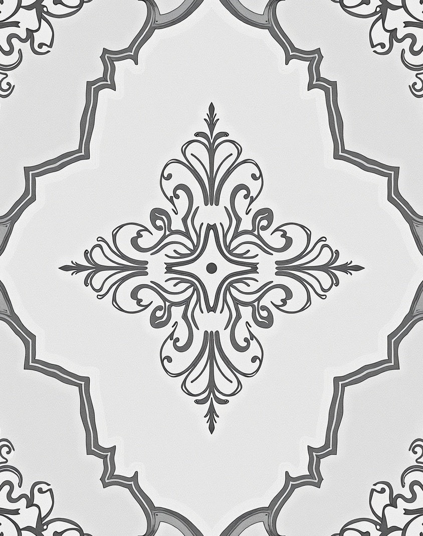 Ornate Scrollwork Grey and White Rug