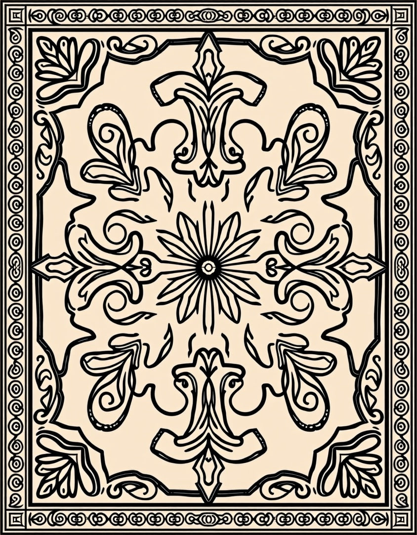 Ornate Black Cream Floral Pattern Rug