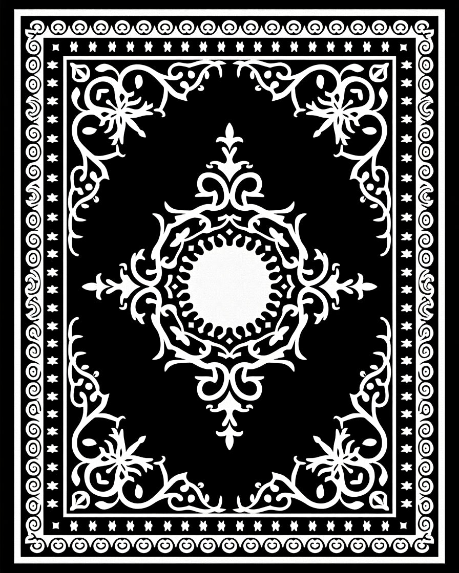 Classic Black White Floral Medallion Rug