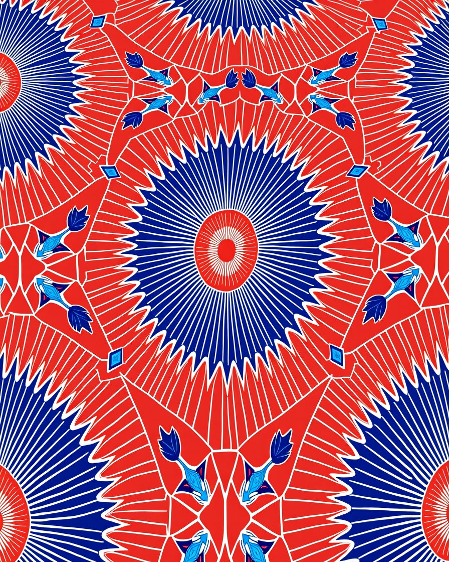Bold Red Blue Radiant Sunburst Pattern Rug