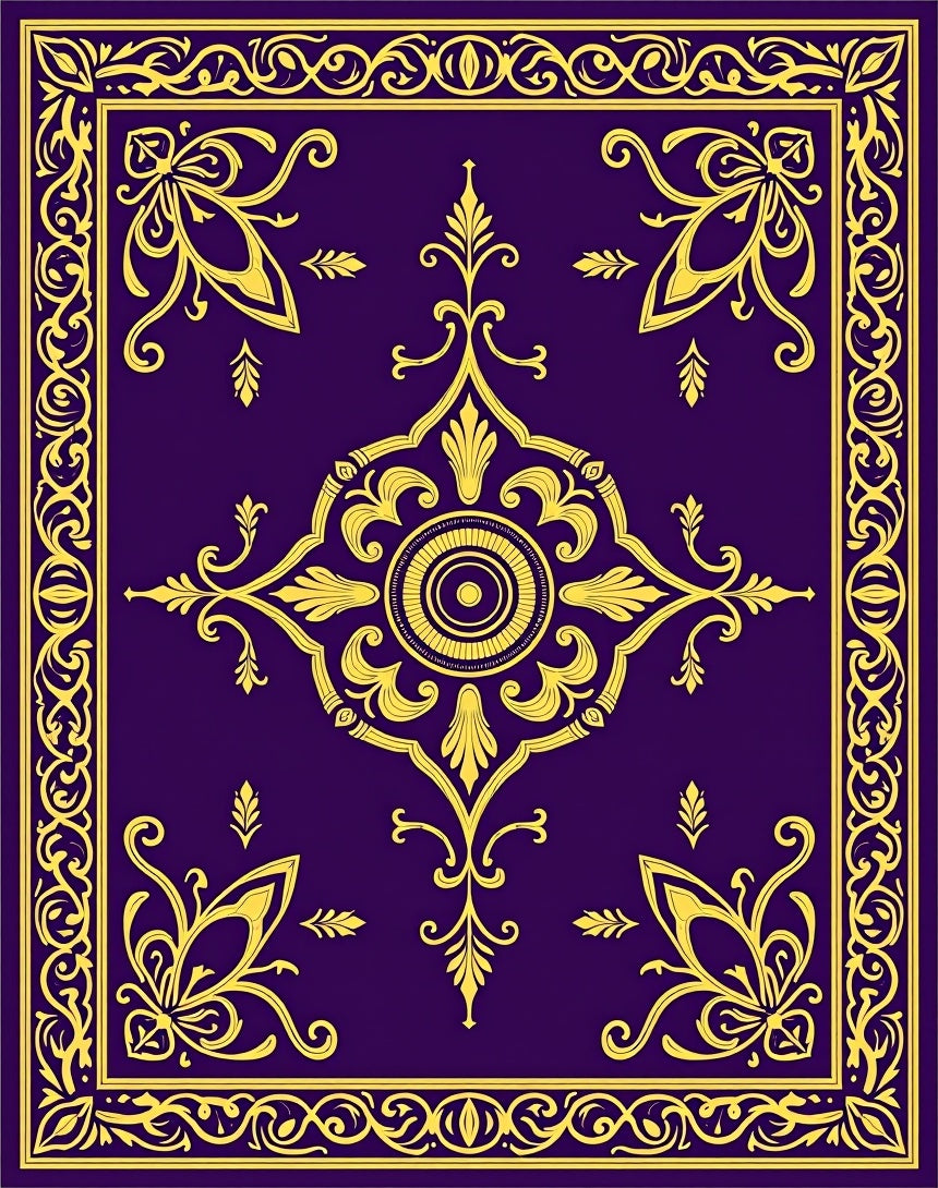 Ornate Gold Floral Patterned Deep Purple Rug