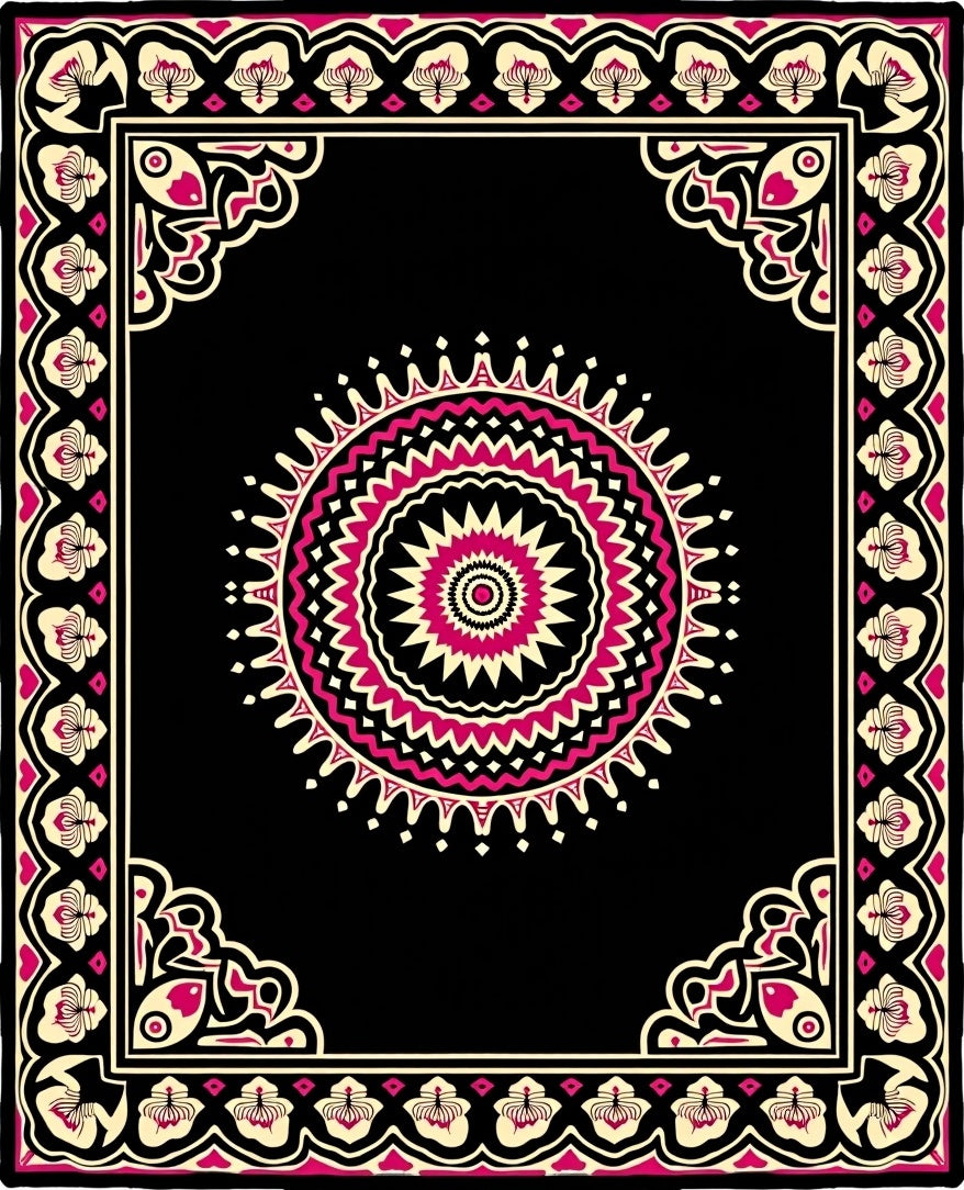 Crimson Black Floral Medallion Frame Rug