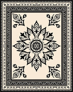 Ornamental Black White Floral Motif Rug