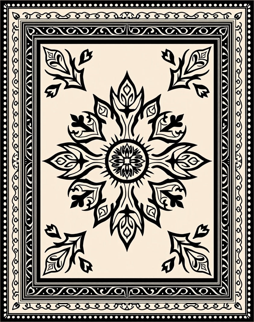 Ornamental Black White Floral Motif Rug