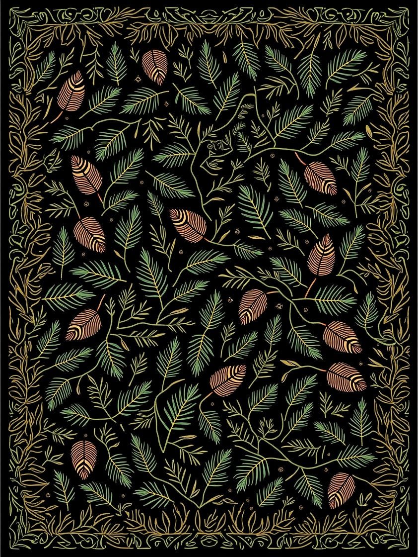 Ornate Black Botanical Leaf Collage Rug