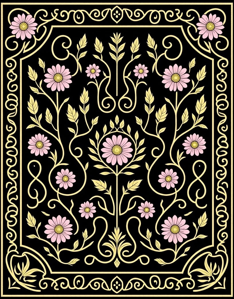 Black Floral Vine with Pink Flowers Rug