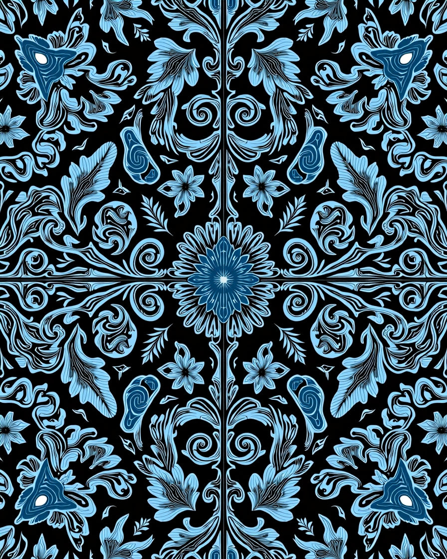 Ornate Blue Floral Scroll Pattern Rug