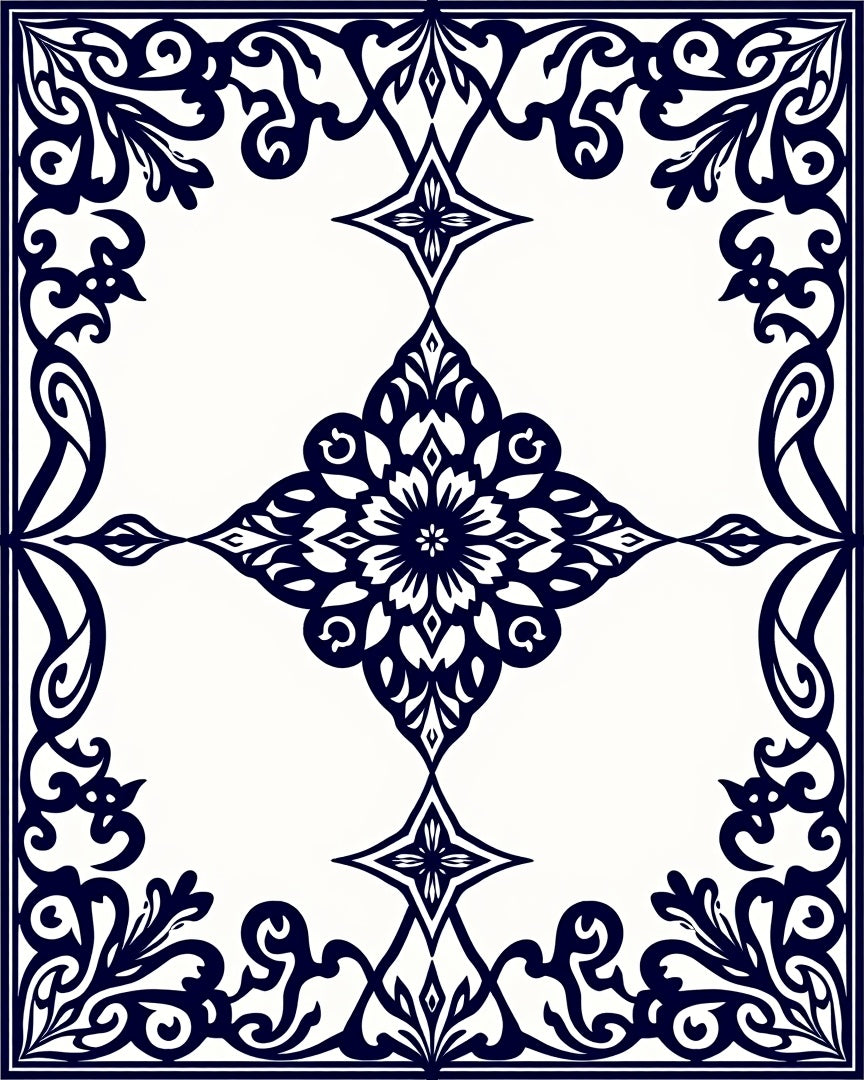 Elegant Dark Blue Floral Symmetry Rug