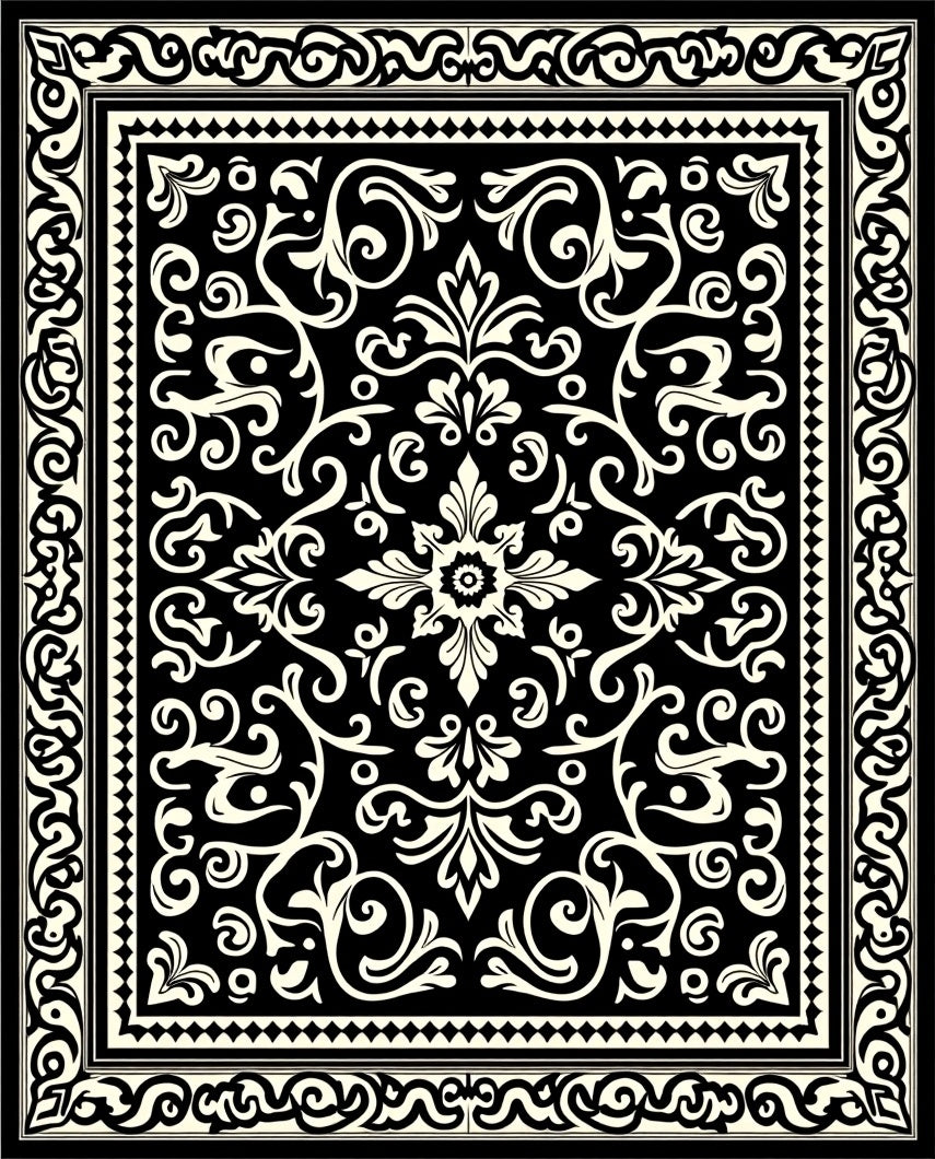 Black Cream Damask Ornamental Rug