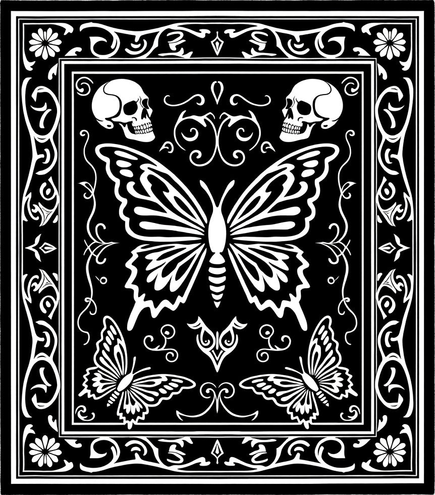 Gothic Black White Butterfly Skull Border Rug