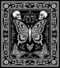 Gothic Black White Butterfly Skull Border Rug