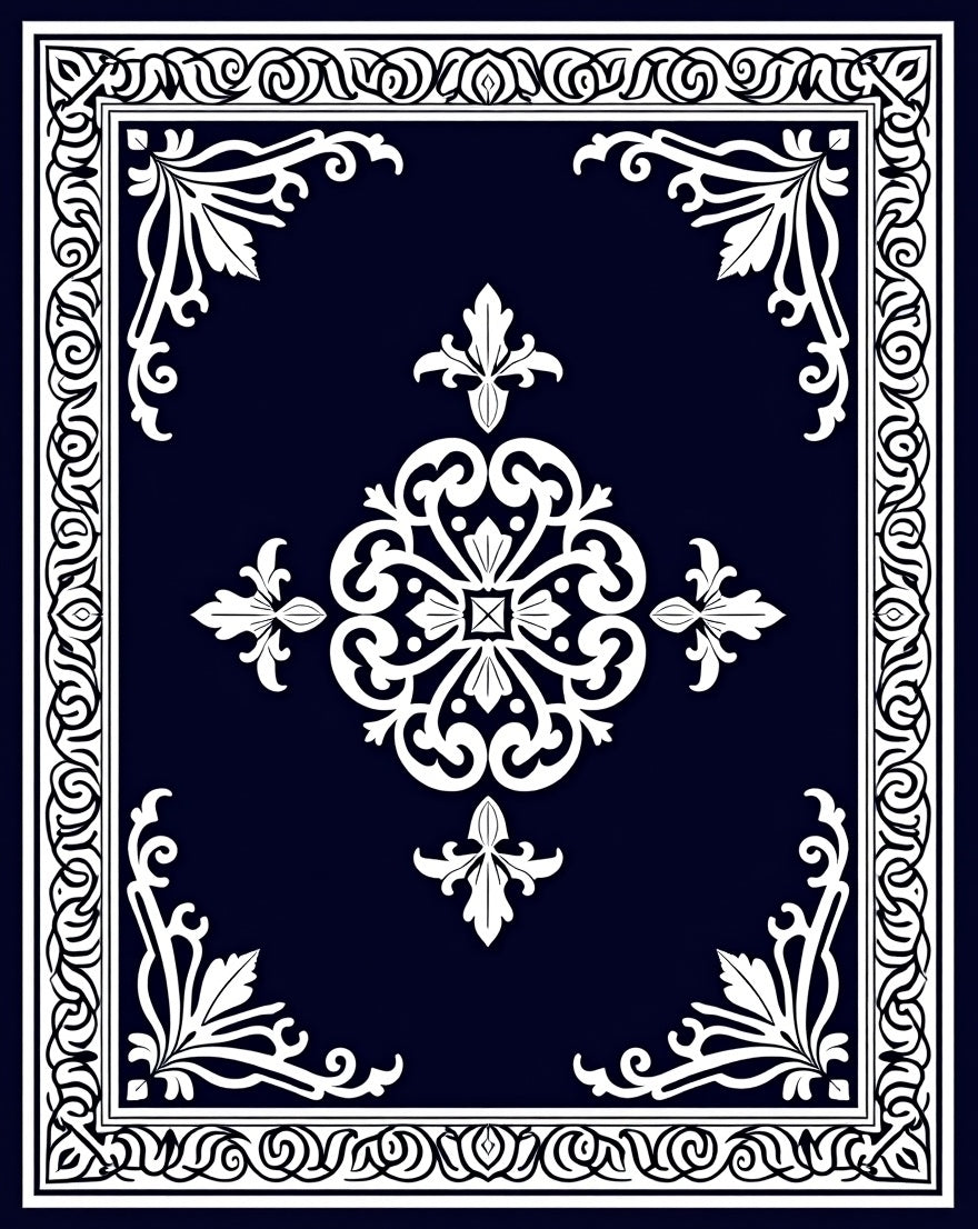 Dark Blue White Floral Swirl Design Rug
