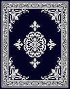 Dark Blue White Floral Swirl Design Rug