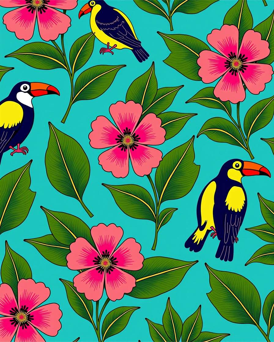 Colorful Toucan Flower Leaf Pattern Rug