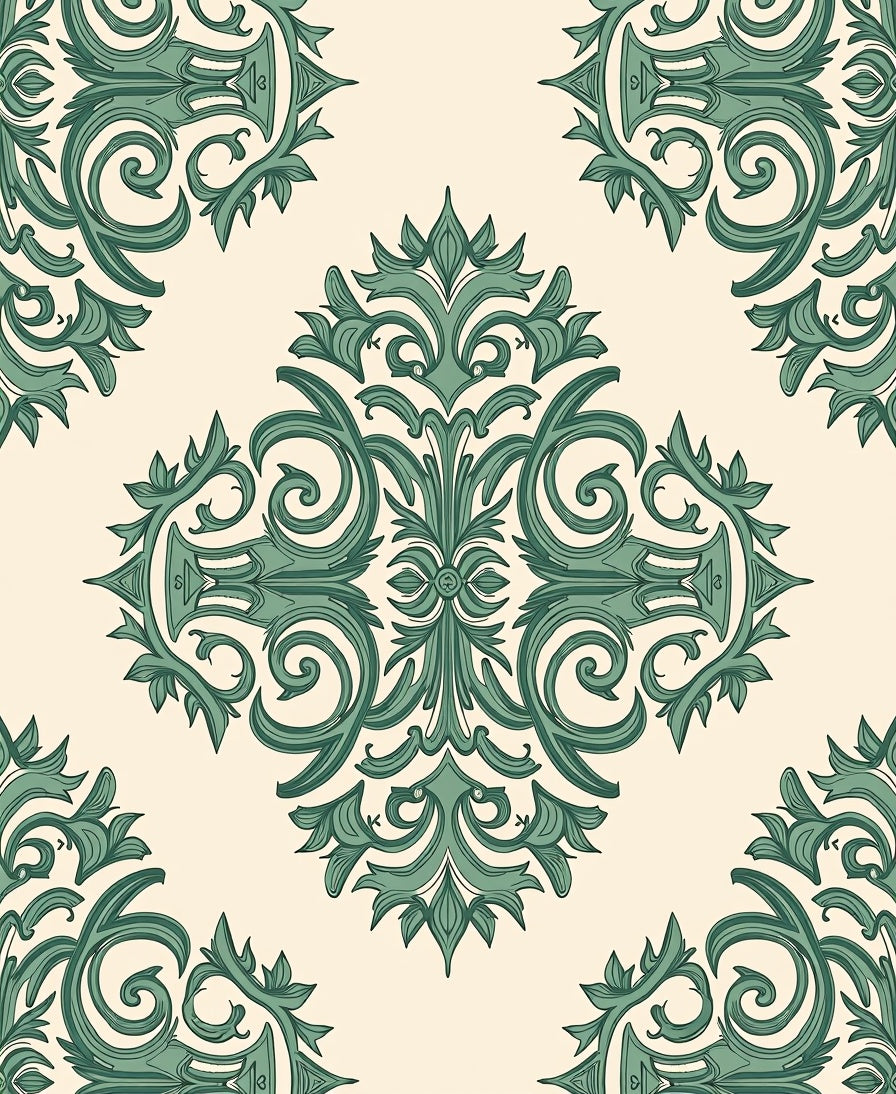 Classic Green Scrollwork Medallion Pattern Rug