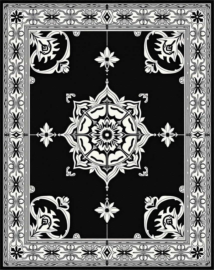Timeless Black White Floral Medallion Rug